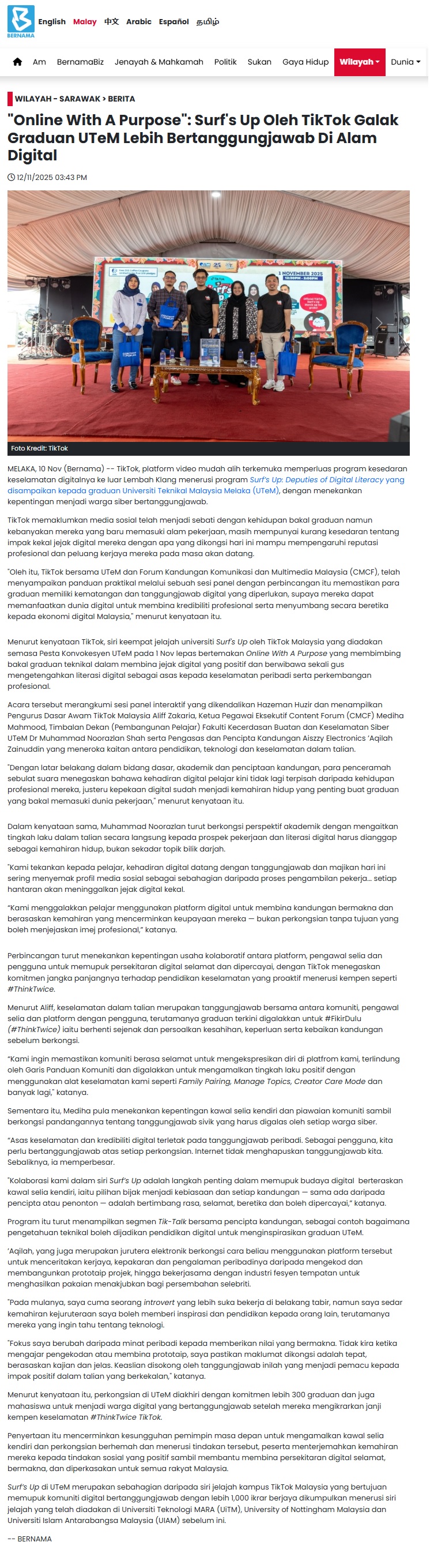 604 BERNAMA - _Online With A Purpose__ Surf's Up Oleh TikTok Galak Graduan UTeM Lebih Bertanggungjawab Di Alam Digital