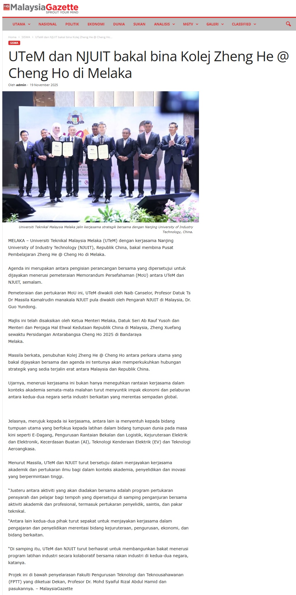 634 UTeM dan NJUIT bakal bina Kolej Zheng He @ Cheng Ho di Melaka