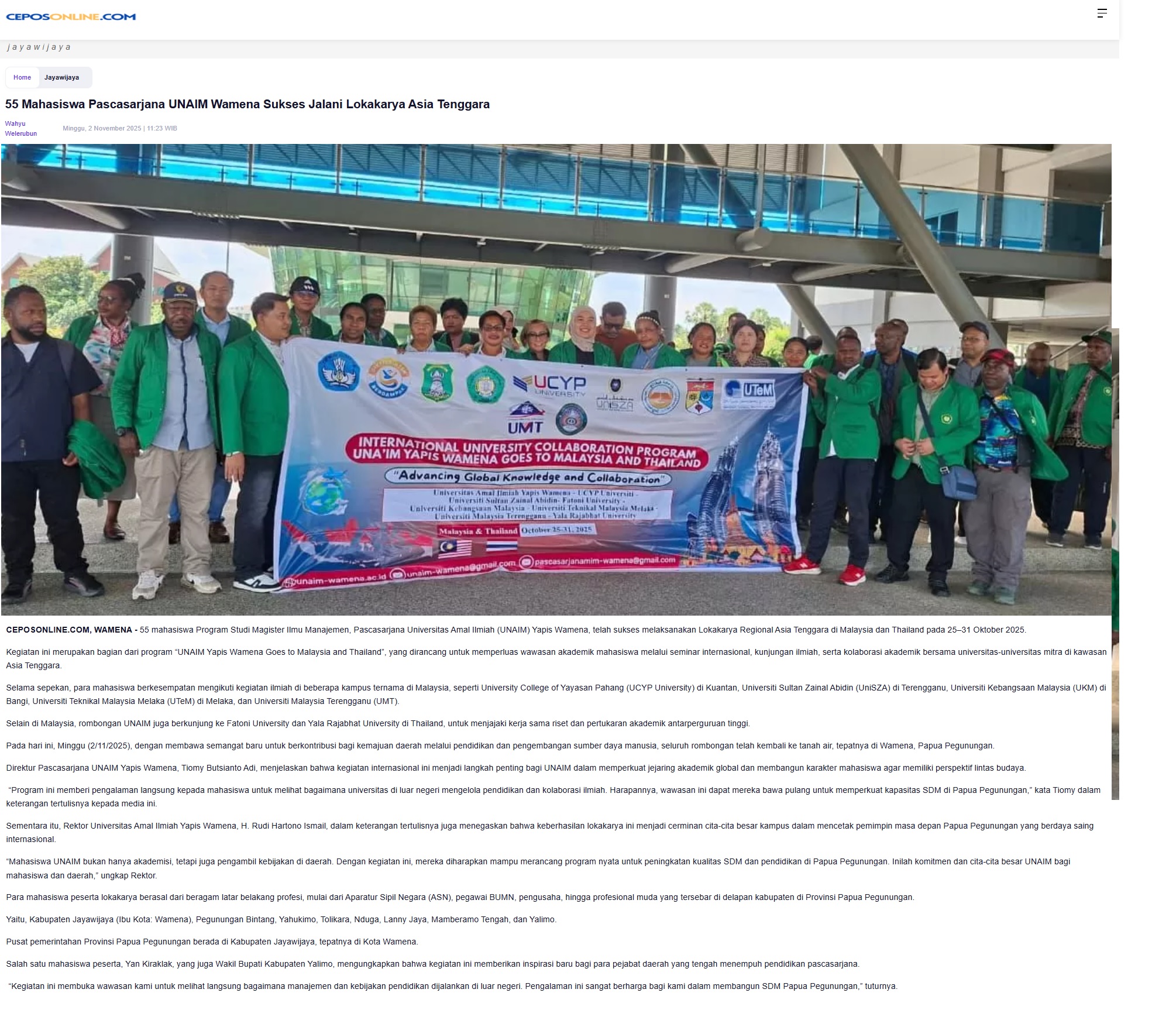 635 55 Mahasiswa Pascasarjana UNAIM Wamena Sukses Jalani Lokakarya Asia Tenggara - Cepos Online