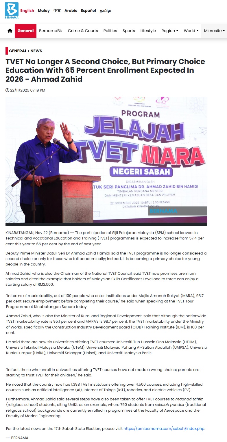 645 BERNAMA - TVET No Longer A Second Choice, But Primary Choice Education With 65 Percent Enrollment Expected In 2026 - Ahmad Zahid
