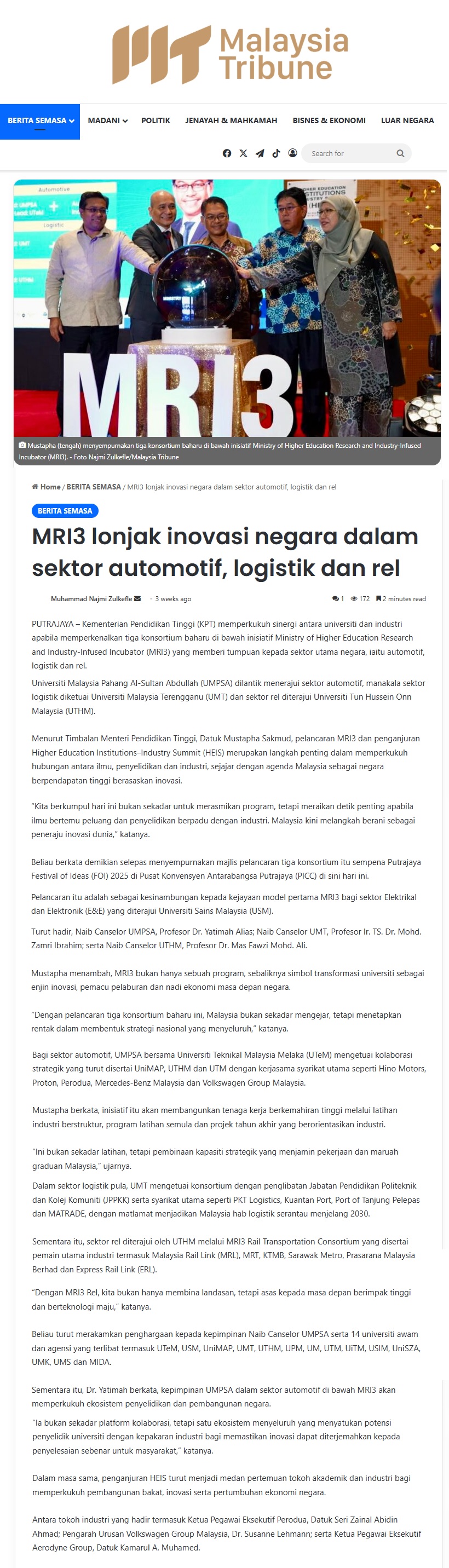 648 MRI3 lonjak inovasi negara dalam sektor automotif, logistik dan rel _ Malaysia Tribune