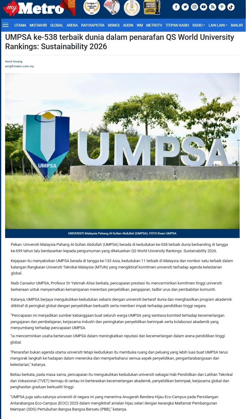 652 UMPSA ke-538 terbaik dunia dalam penarafan QS World University Rankings_ Sustainability 2026