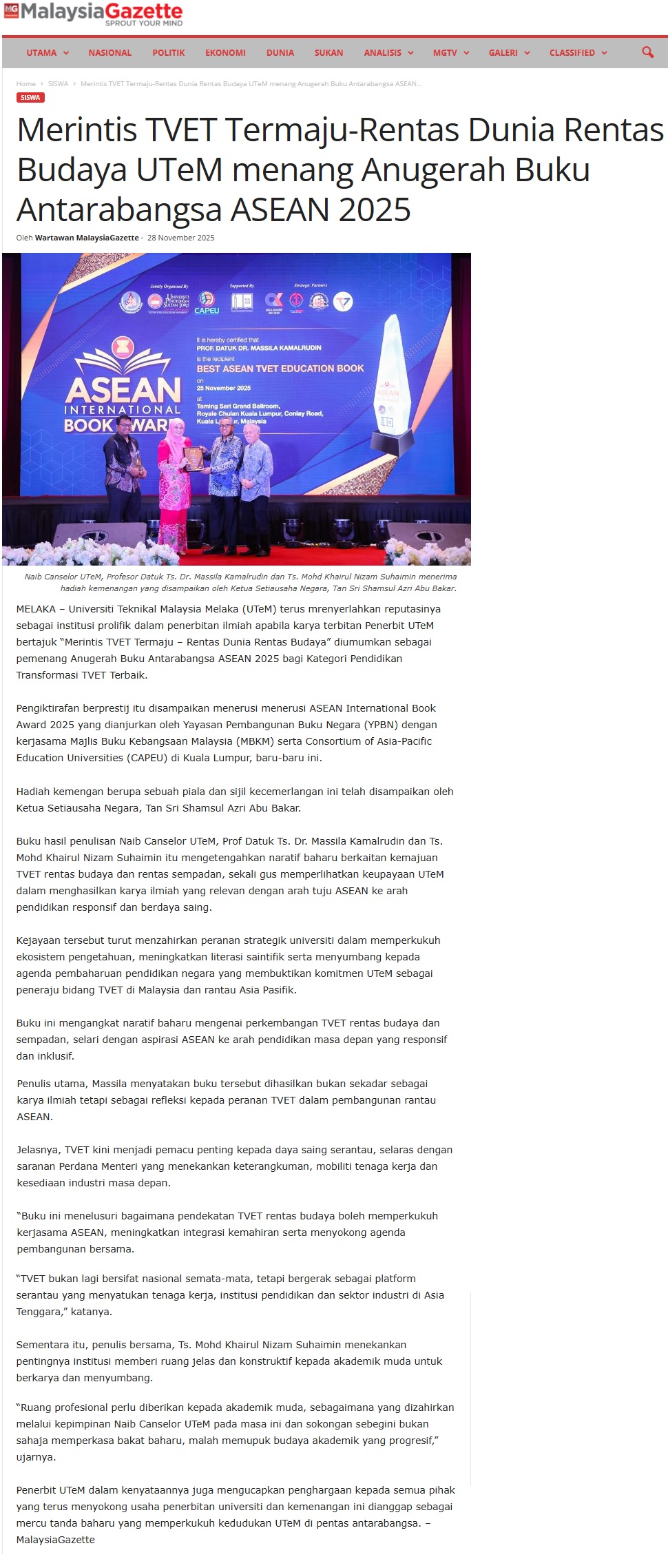 655 Merintis TVET Termaju-Rentas Dunia Rentas Budaya UTeM menang Anugerah Buku Antarabangsa ASEAN 2025