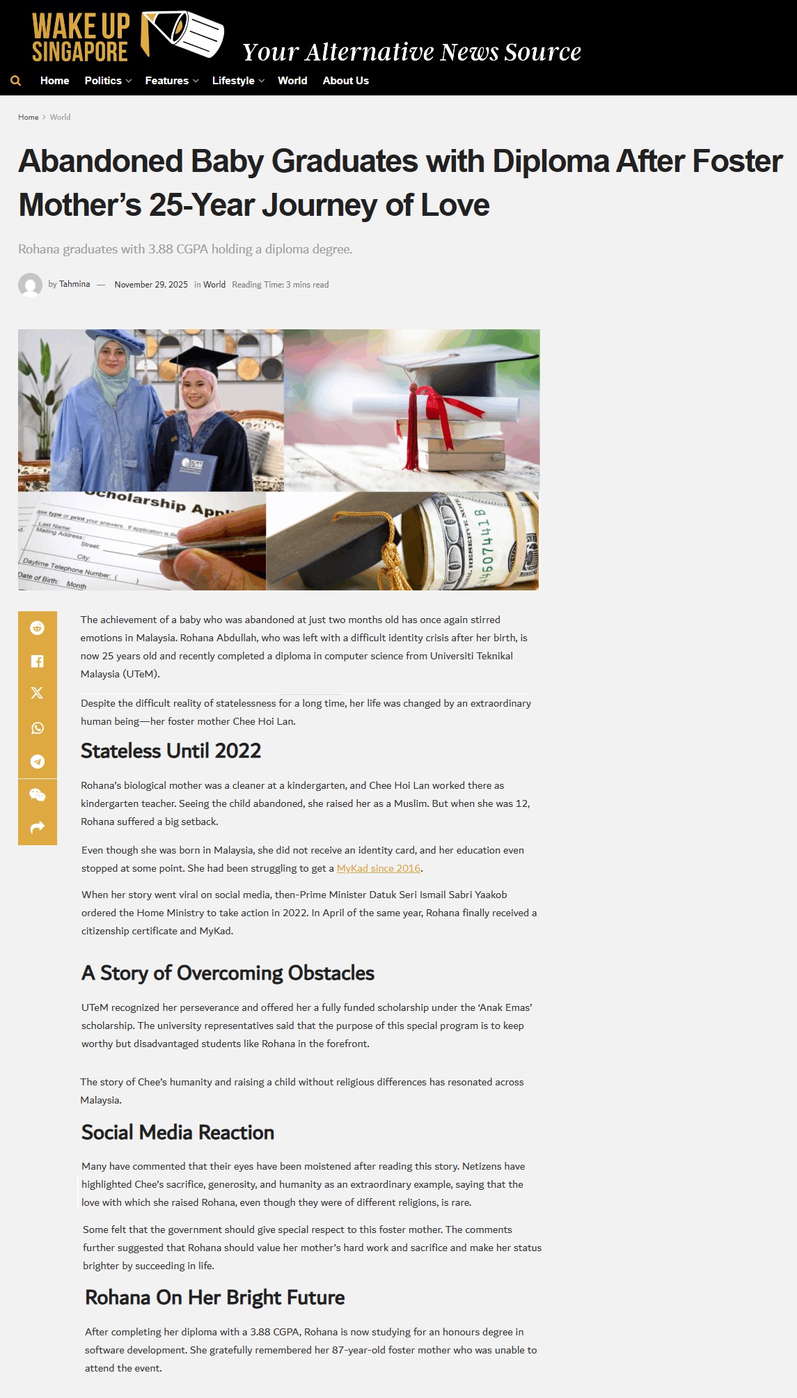 656 Abandoned Baby Graduates with Diploma After Foster Mother's 25-Year Journey of Love - Wake Up Singapore