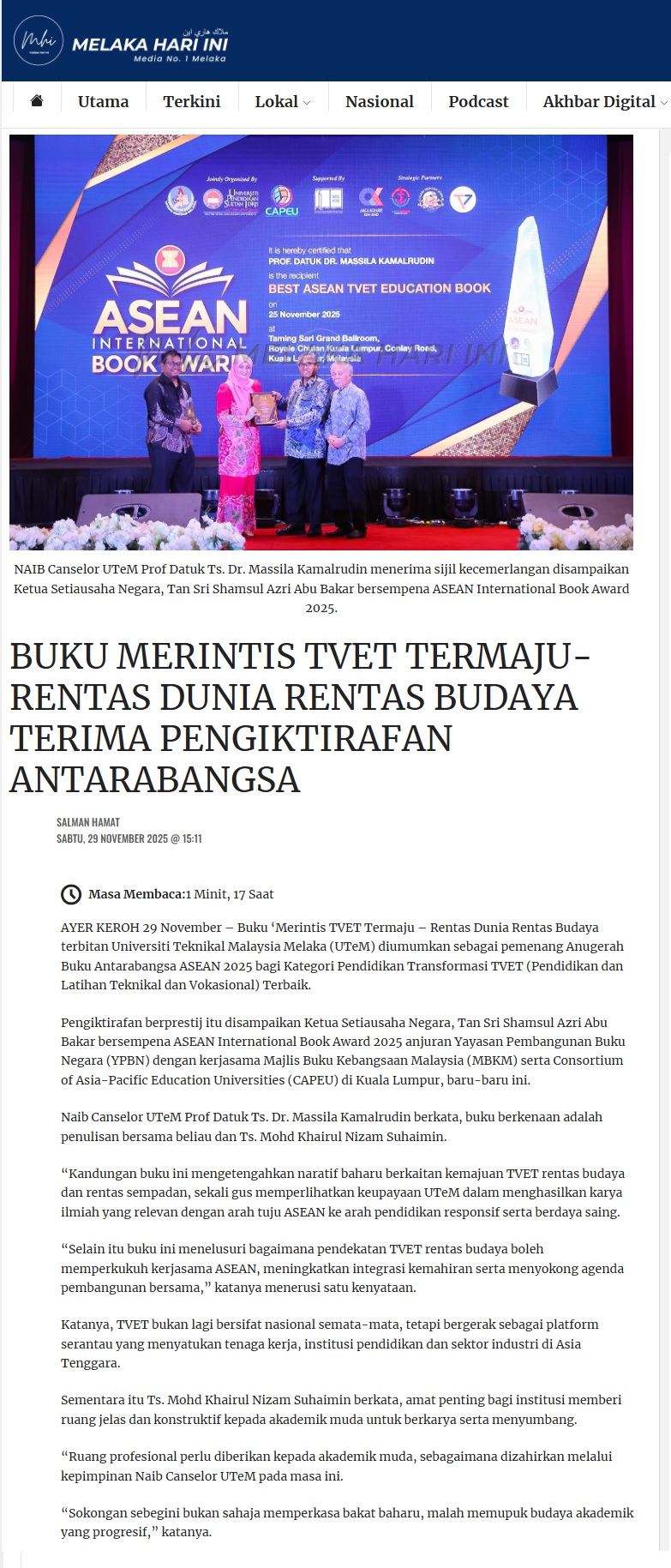 657 BUKU MERINTIS TVET TERMAJU-RENTAS DUNIA RENTAS BUDAYA TERIMA PENGIKTIRAFAN ANTARABANGSA