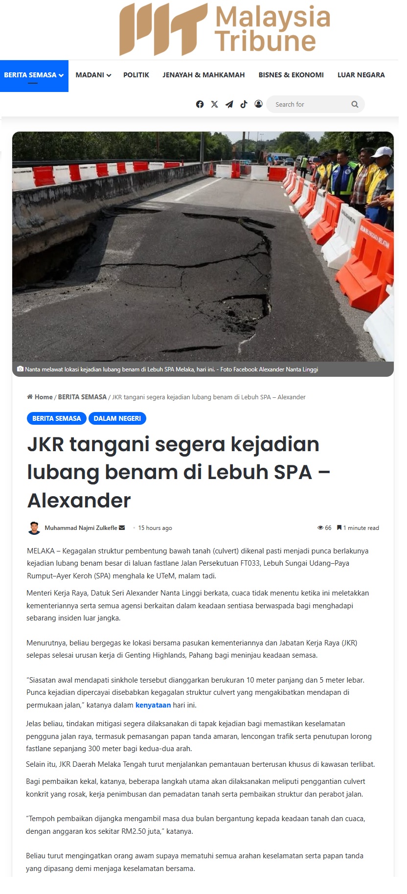 659 JKR tangani segera kejadian lubang benam di Lebuh SPA - Alexander _ Malaysia Tribune