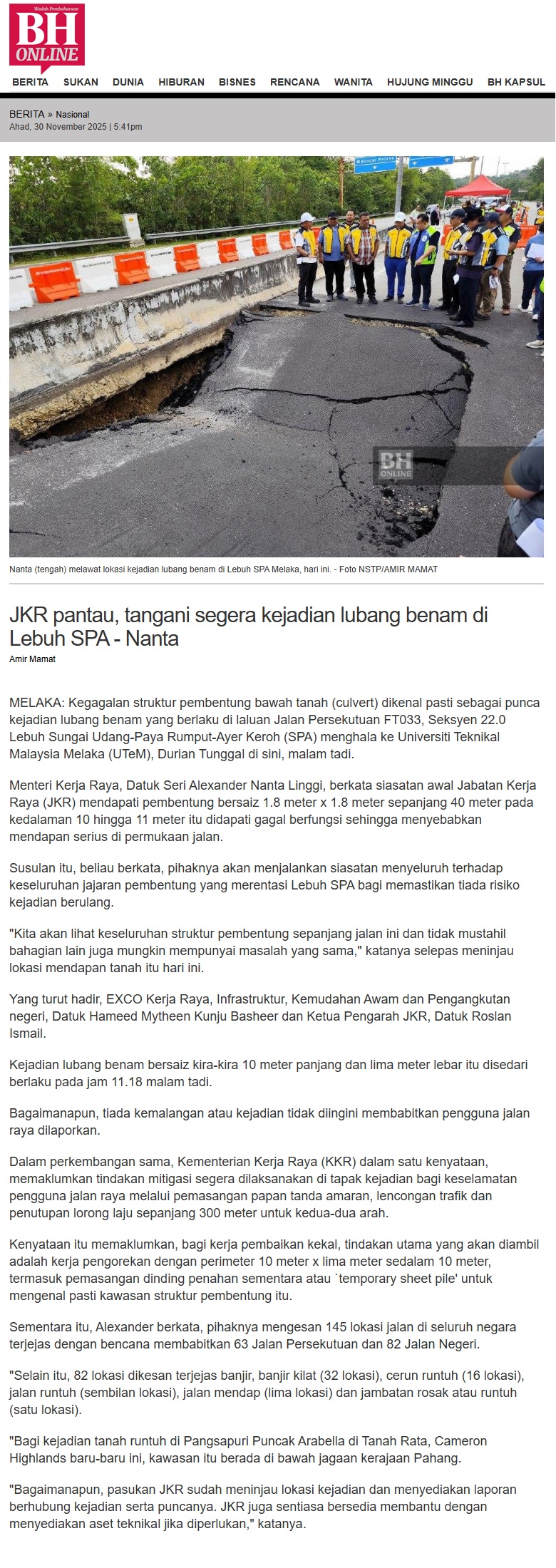 665 JKR pantau, tangani segera kejadian lubang benam di Lebuh SPA - Nanta