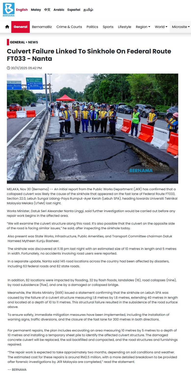 668 Culvert Failure Linked To Sinkhole On Federal Route FT033 - Nanta