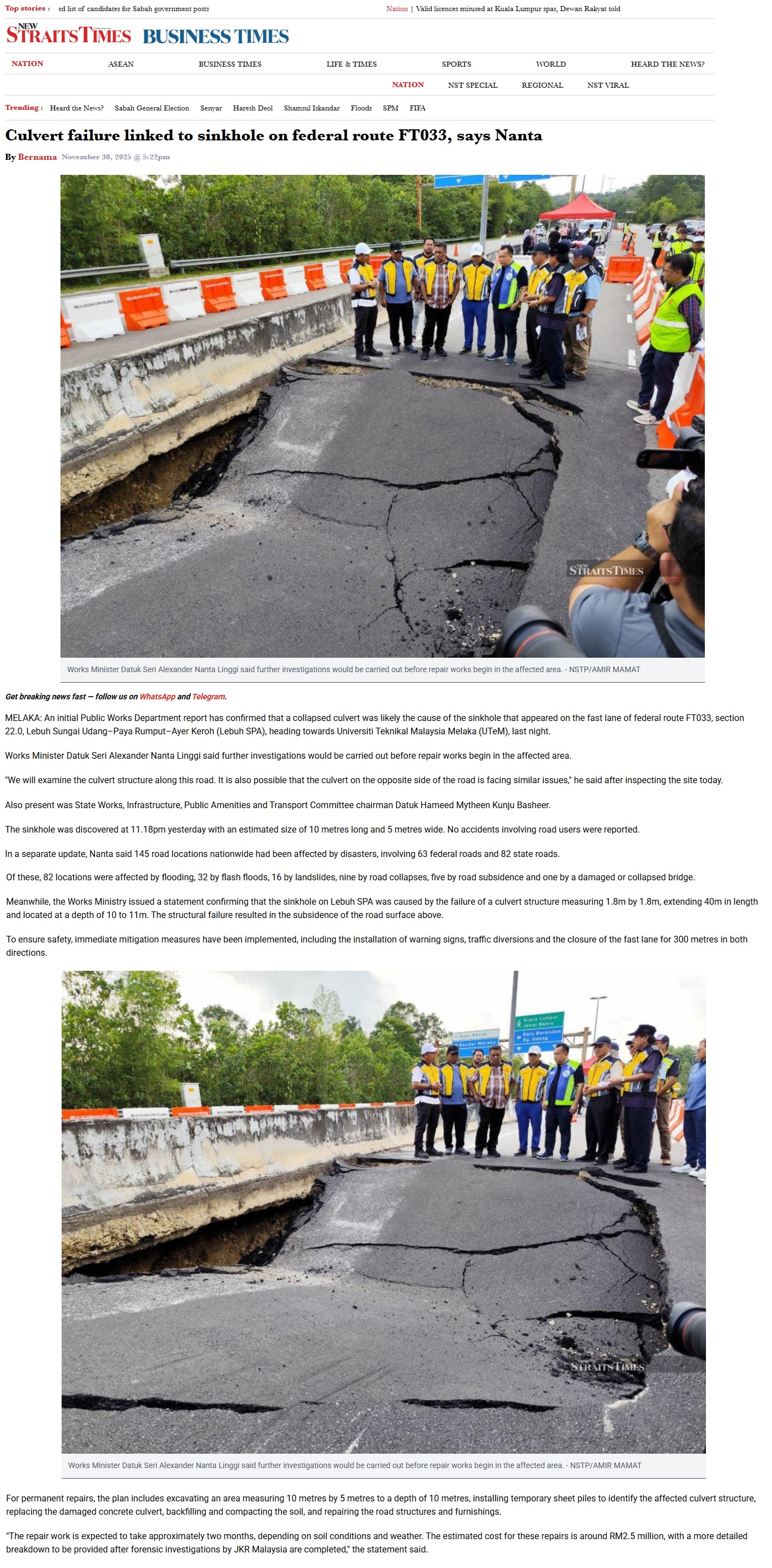 670 Culvert failure linked to sinkhole on federal route FT033, says Nanta