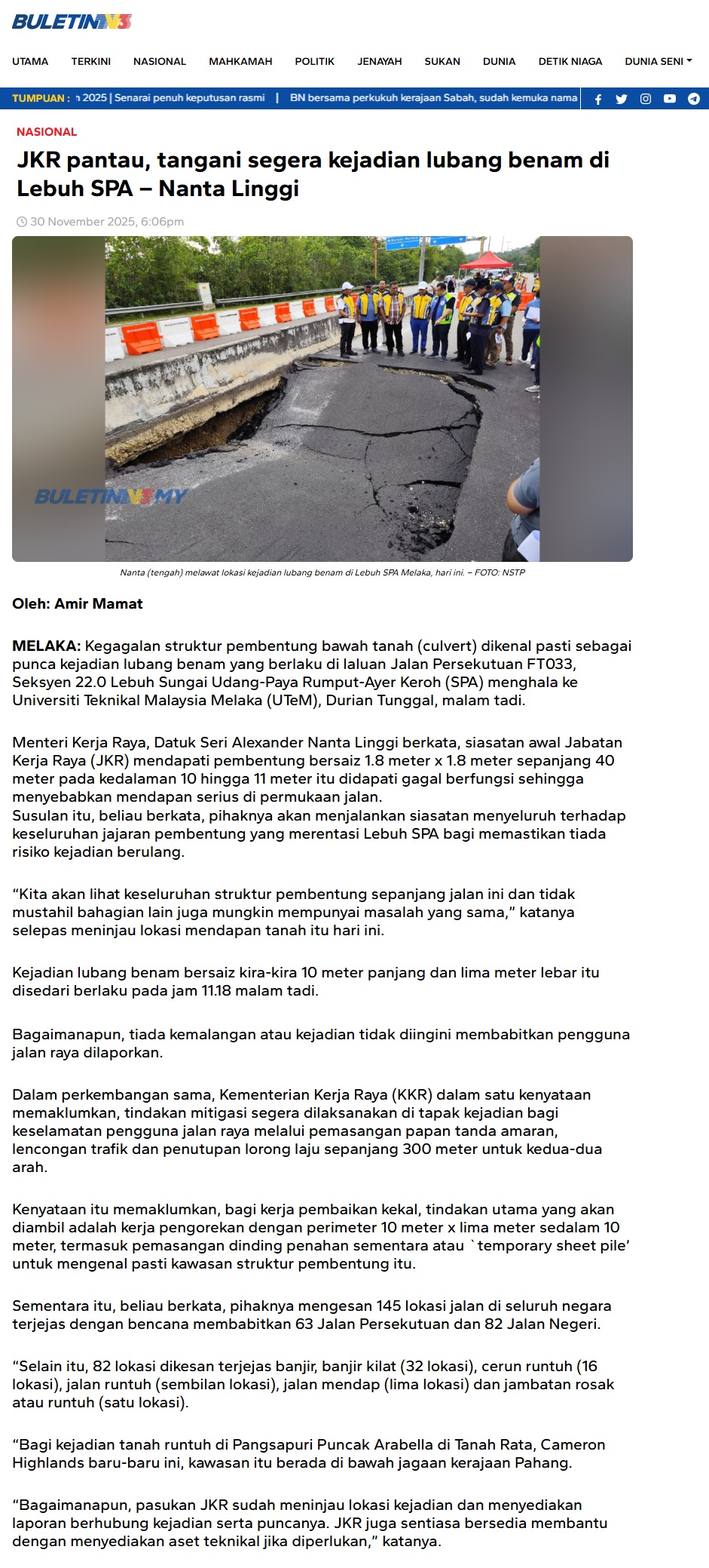 672 JKR pantau, tangani segera kejadian lubang benam di Lebuh SPA – Nanta Linggi _ BULETIN TV3 Malaysia