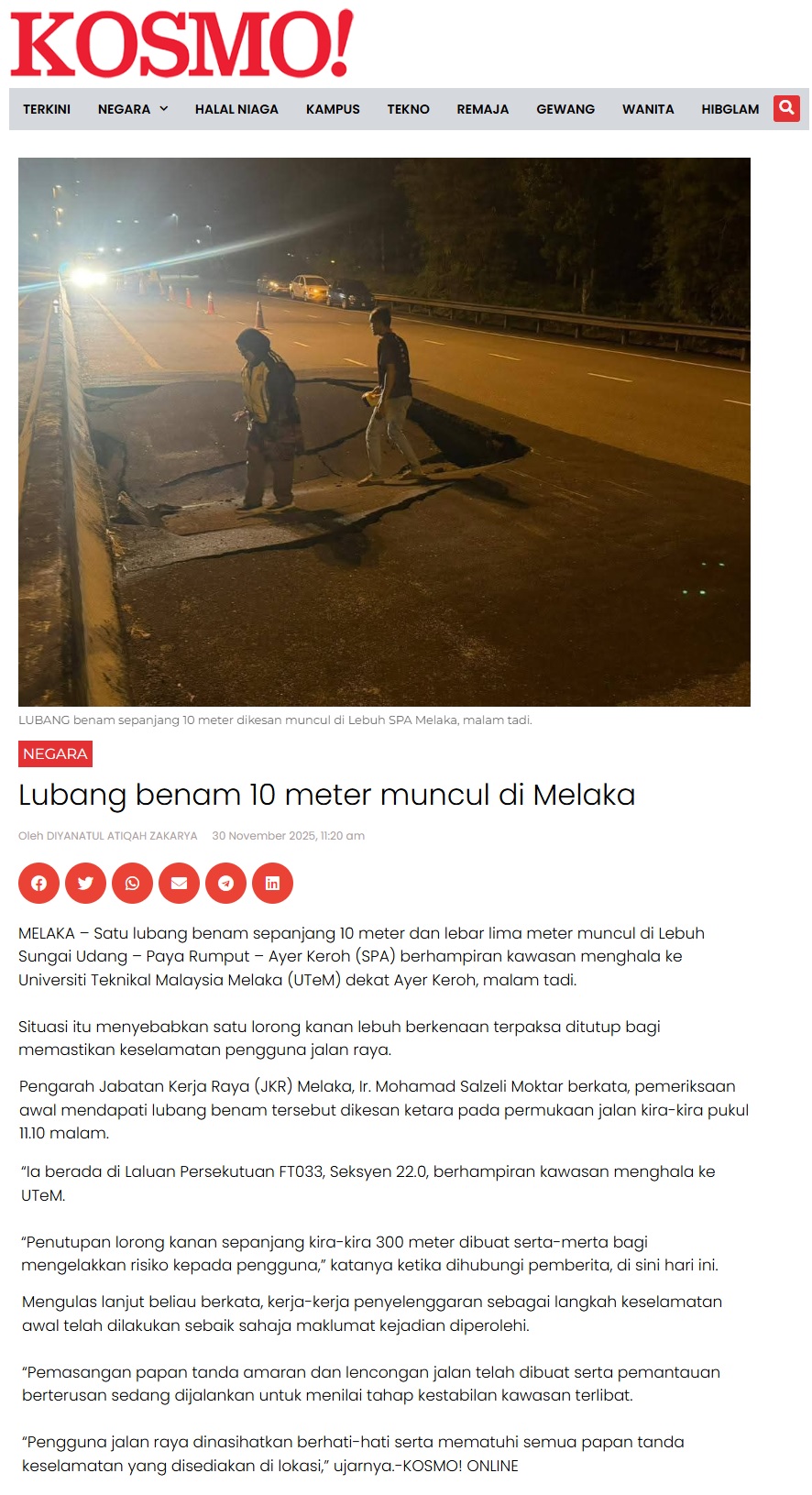 674 Lubang benam 10 meter muncul di Melaka - Kosmo Digital