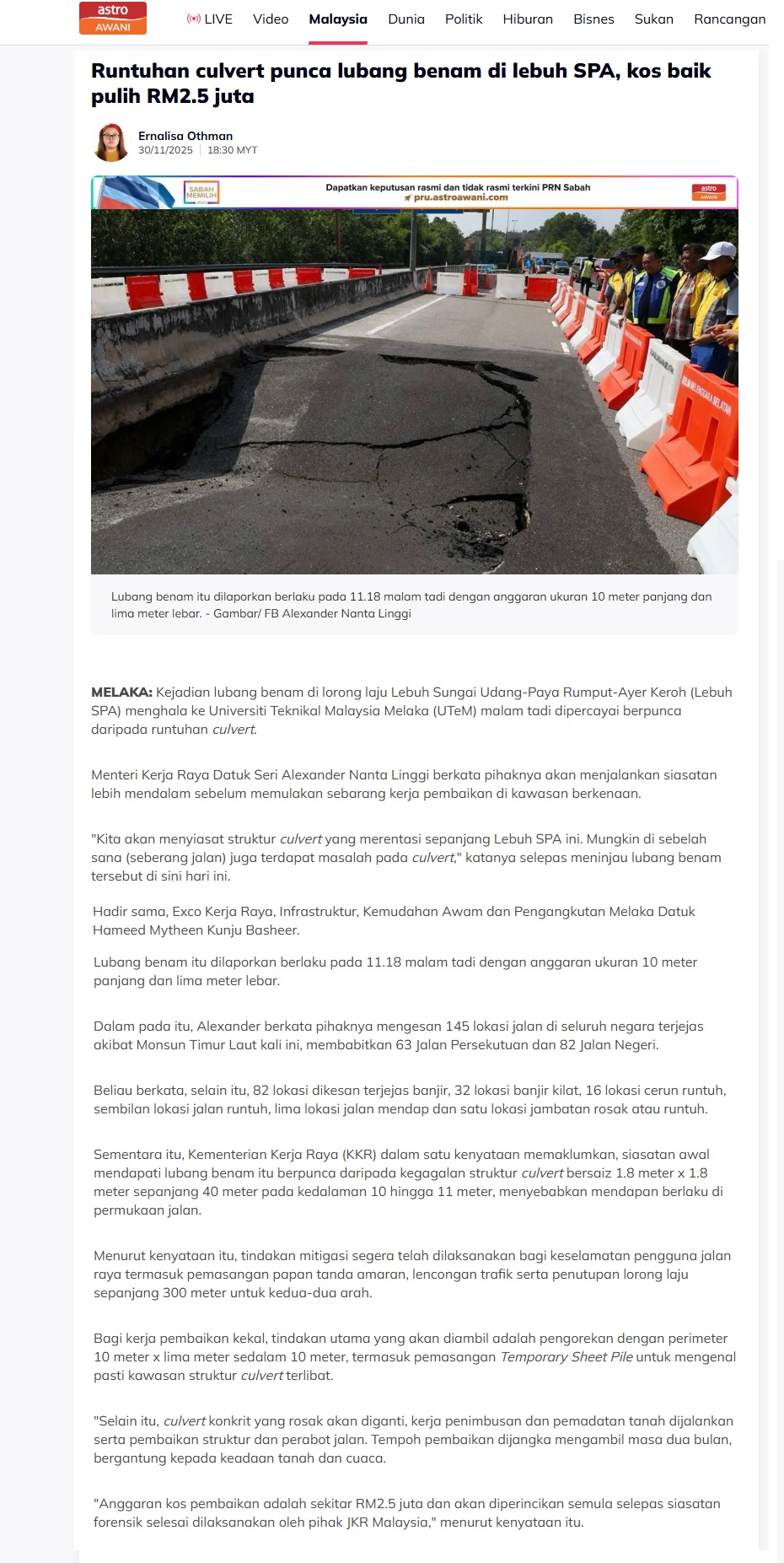 675 Runtuhan culvert punca lubang benam di lebuh SPA, kos baik pulih RM2.5 juta _ Astro Awani