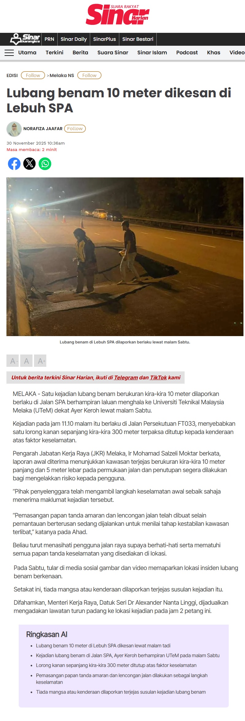 676 Lubang benam 10 meter dikesan di Lebuh SPA - Sinar Harian