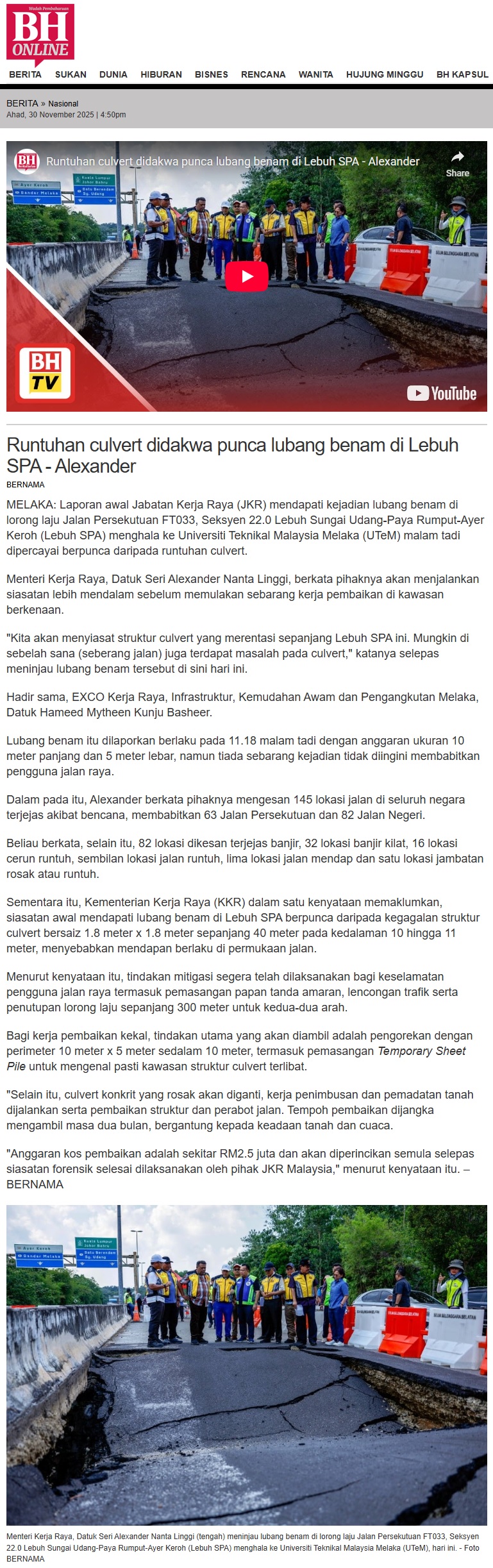 677 Runtuhan culvert didakwa punca lubang benam di Lebuh SPA - Alexander _ Nasional _ Berita Harian