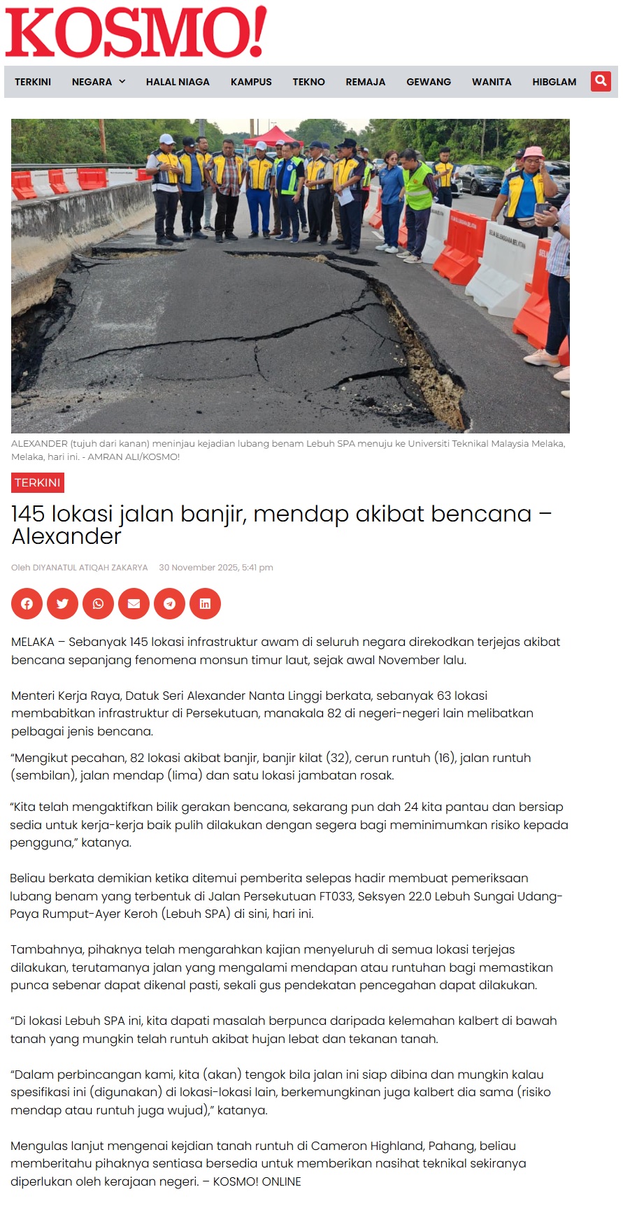 678 145 lokasi jalan banjir, mendap akibat bencana - Alexander - Kosmo Digital