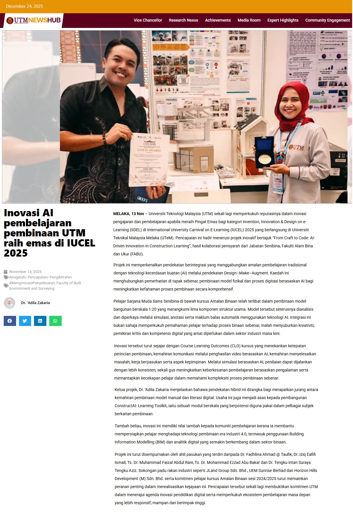 739 Inovasi AI pembelajaran pembinaan UTM raih emas di IUCEL 2025