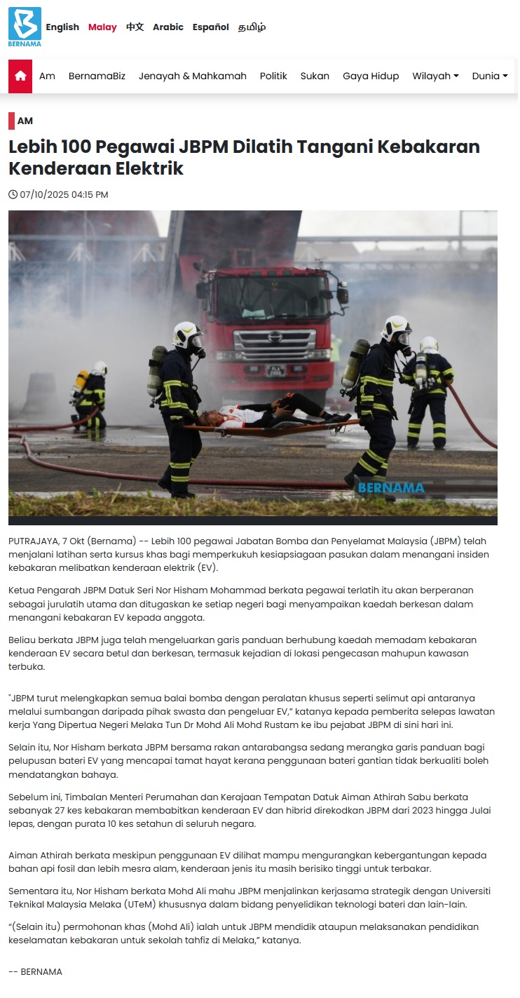 526 BERNAMA - Lebih 100 Pegawai JBPM Dilatih Tangani Kebakaran Kenderaan Elektrik