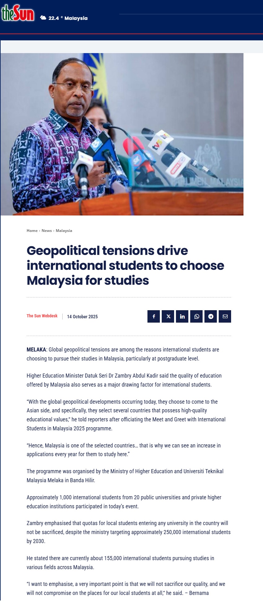 541 Geopolitical tensions drive international students to choose Malaysia for studies