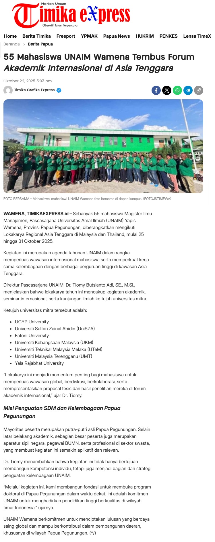 548 55 Mahasiswa UNAIM Wamena Tembus Forum Akademik Internasional di Asia Tenggara - Timika eXpress