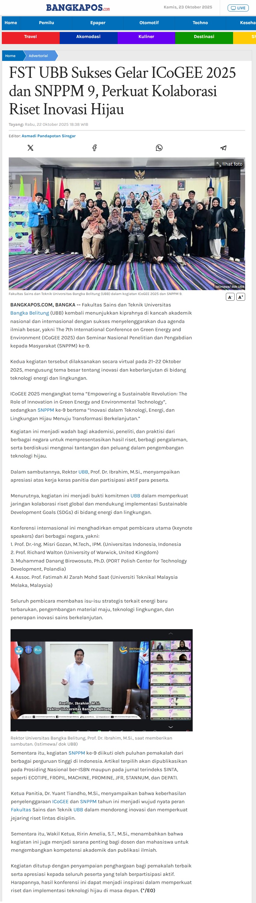 549 FST UBB Sukses Gelar ICoGEE 2025 dan SNPPM 9, Perkuat Kolaborasi Riset Inovasi Hijau Bangkapos