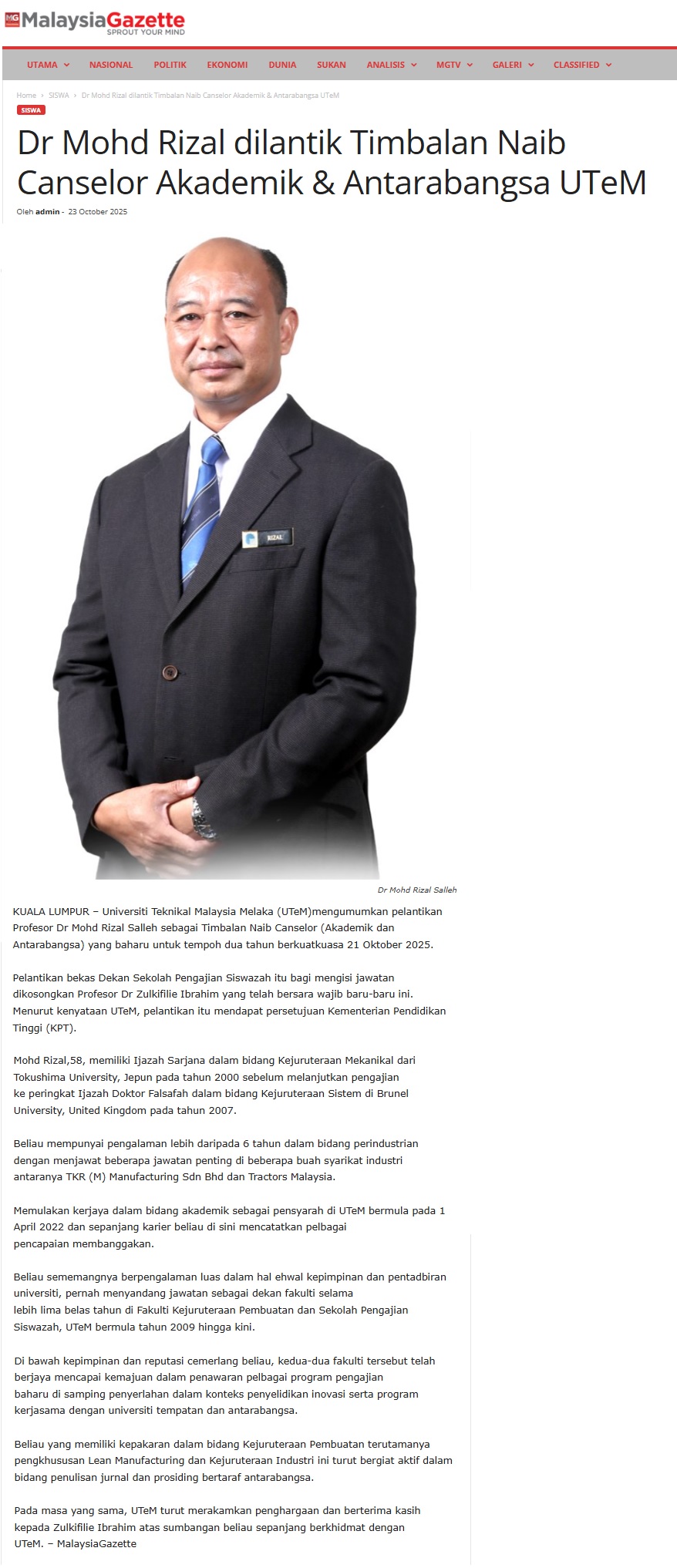 555 Dr Mohd Rizal dilantik Timbalan Naib Canselor Akademik & Antarabangsa UTeM