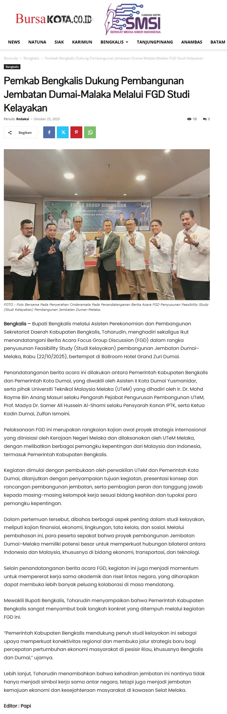 556 Pemkab Bengkalis Dukung Pembangunan Jembatan Dumai-Malaka Melalui FGD Studi Kelayakan - Bursa Kota