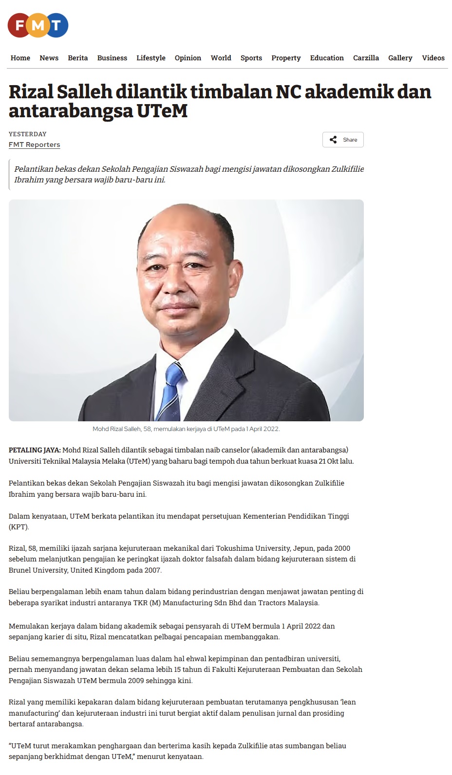 557 Rizal Salleh dilantik timbalan NC akademik dan antarabangsa UTeM _ FMT