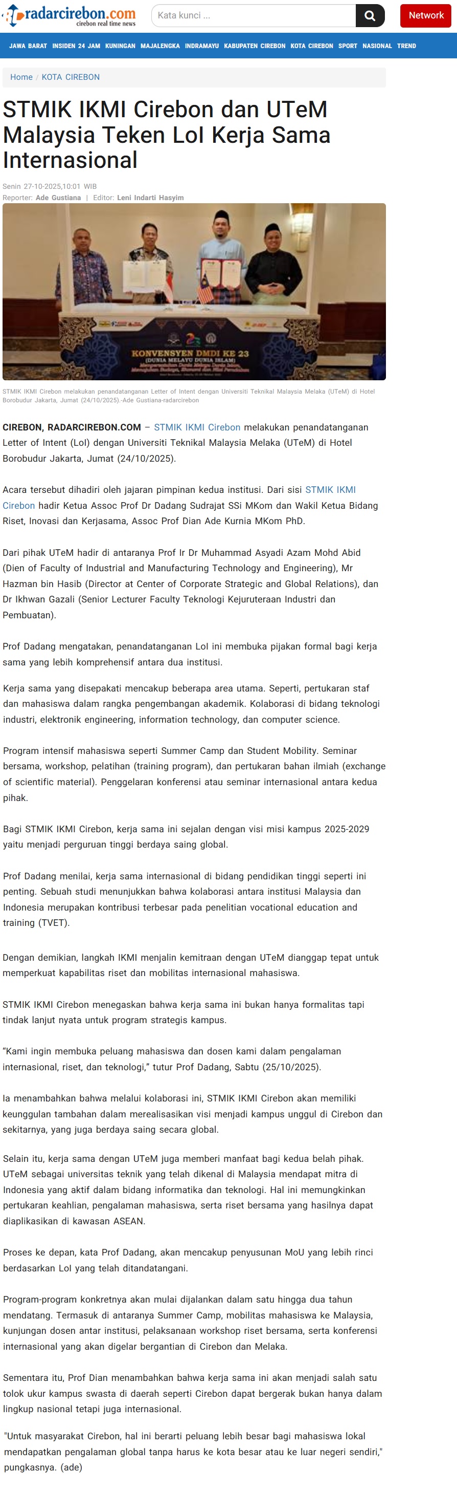 562 STMIK IKMI Cirebon dan UTeM Malaysia Teken LoI Kerja Sama Internasional