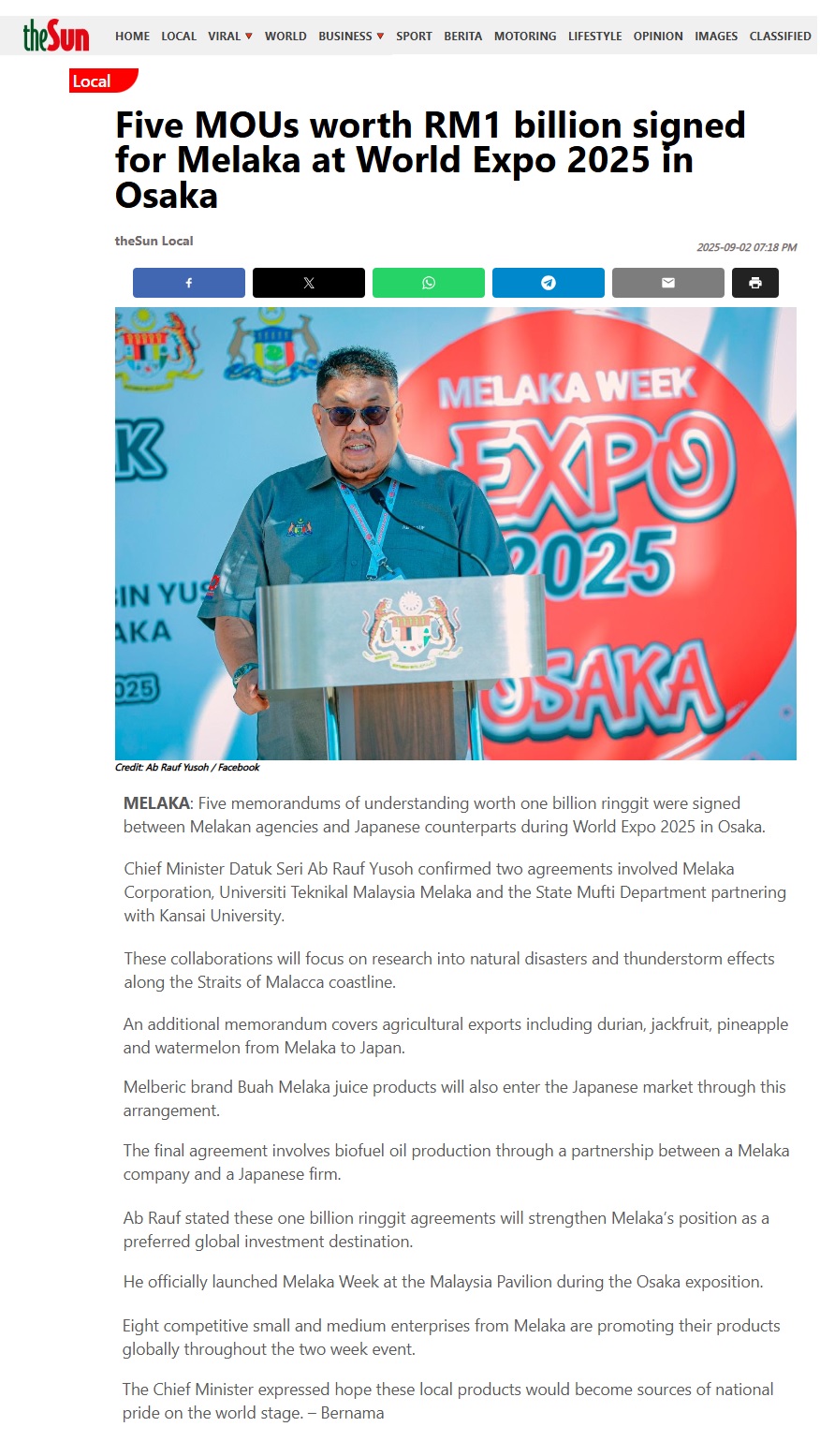 437 Five MOUs worth RM1 billion signed for Melaka at World Expo 2025 in Osaka