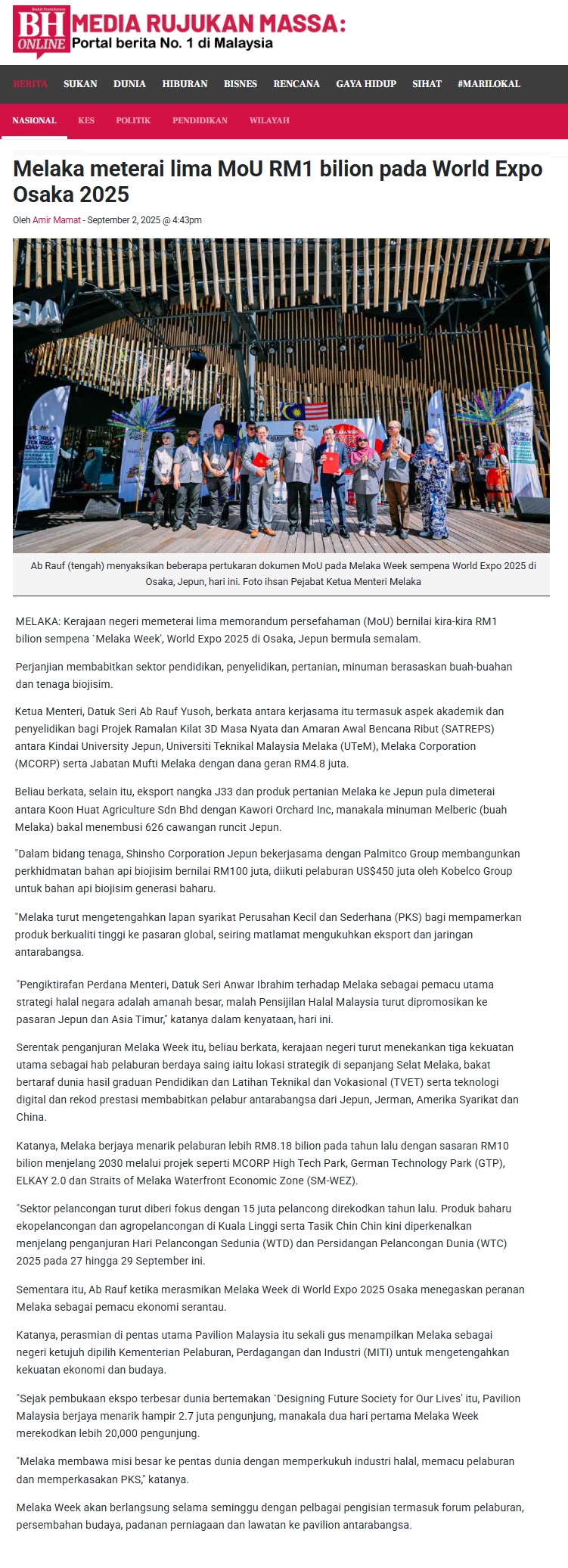 440 Melaka meterai lima MoU RM1 bilion pada World Expo Osaka 2025