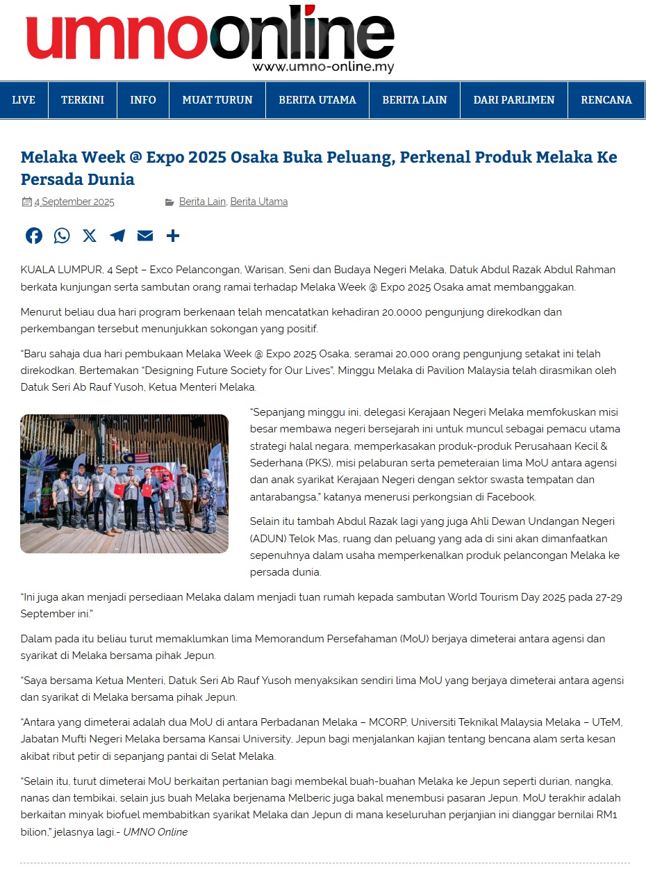 444 Melaka Week Expo 2025 Osaka Buka Peluang, Perkenal Produk Melaka Ke Persada Dunia