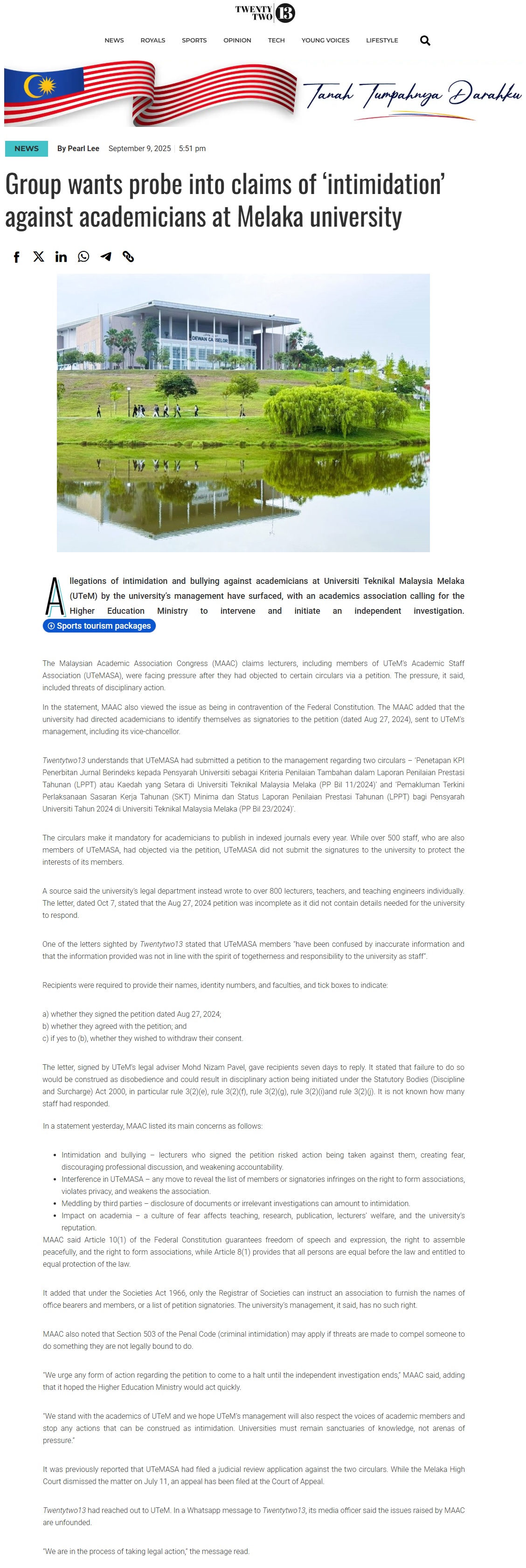 454 Group wants probe into claims of ‘intimidation’ against academicians at Melaka university - Twentytwo13