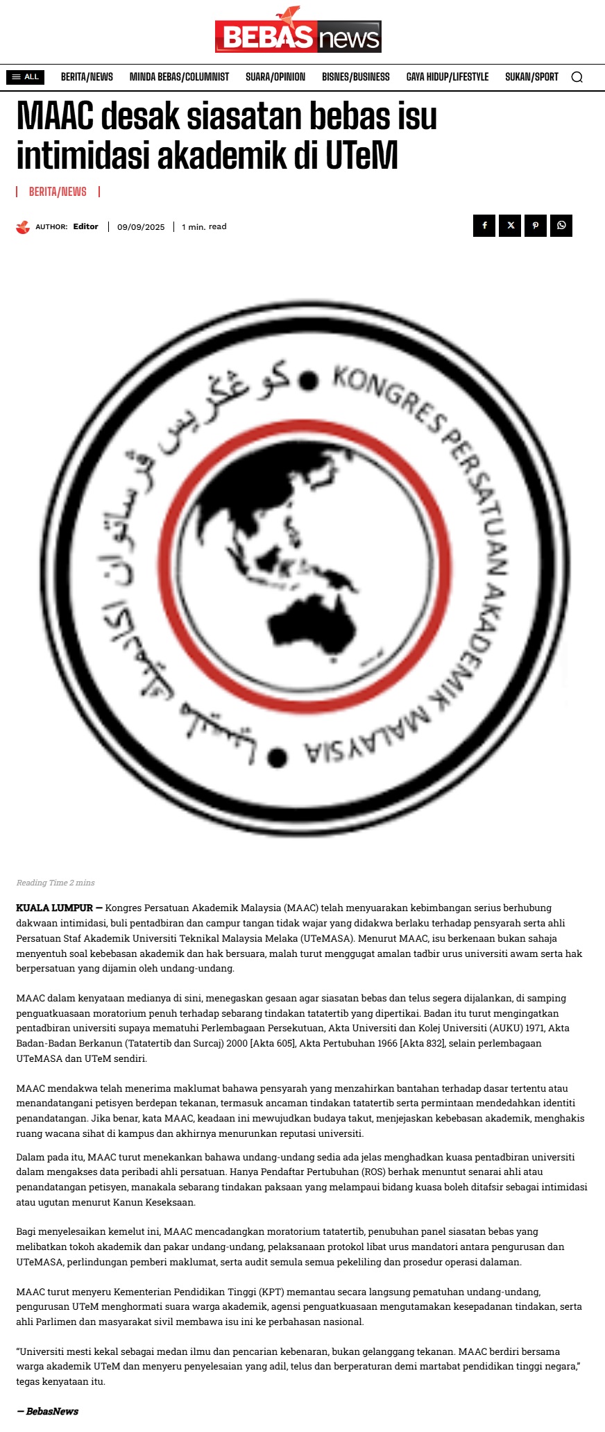 456 MAAC desak siasatan bebas isu intimidasi akademik di UTeM - BebasNews