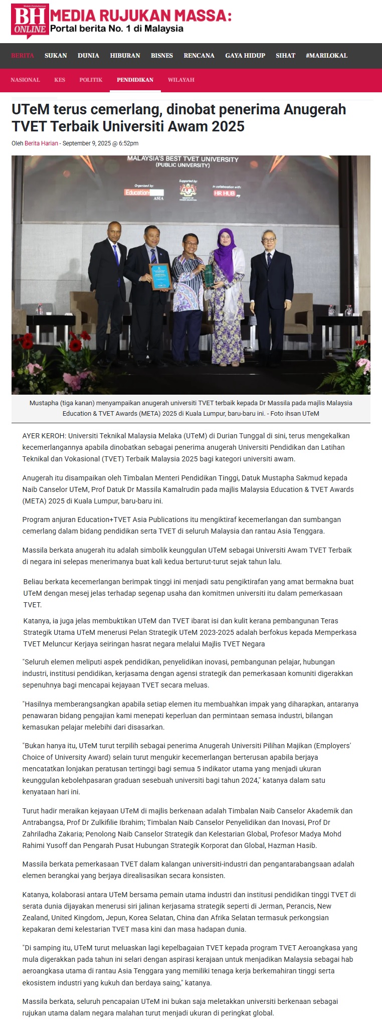 457 UTeM terus cemerlang, dinobat penerima Anugerah TVET Terbaik Universiti Awam 2025