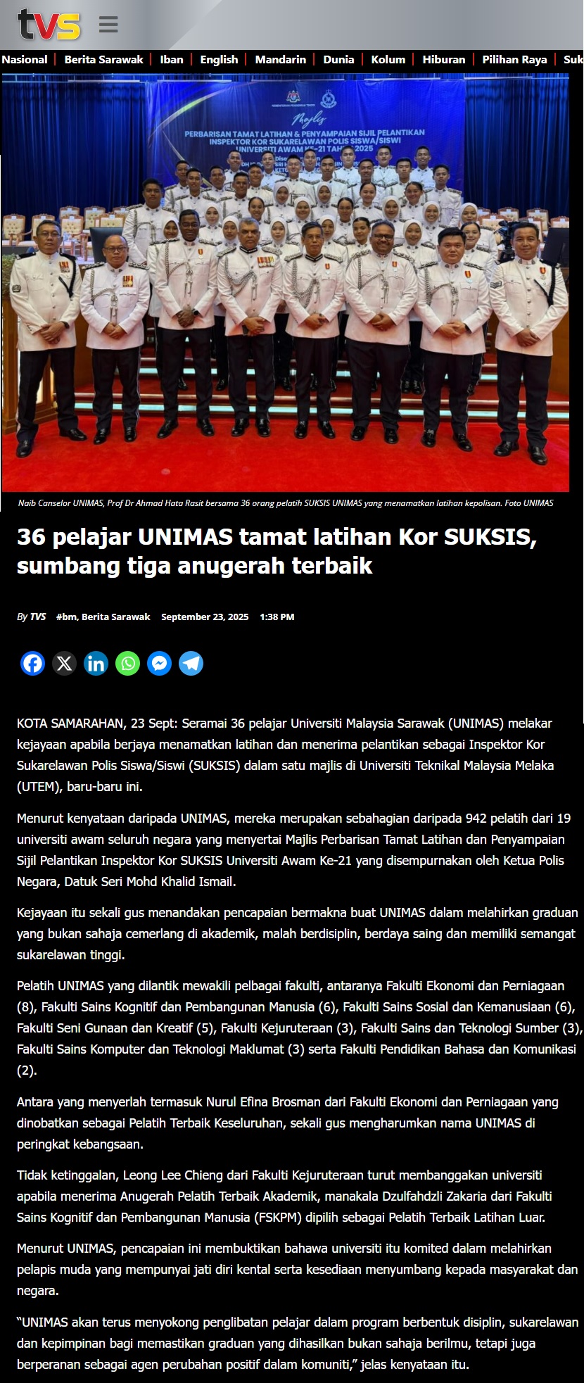 488 36 pelajar UNIMAS tamat latihan Kor SUKSIS, sumbang tiga anugerah terbaik - TVS
