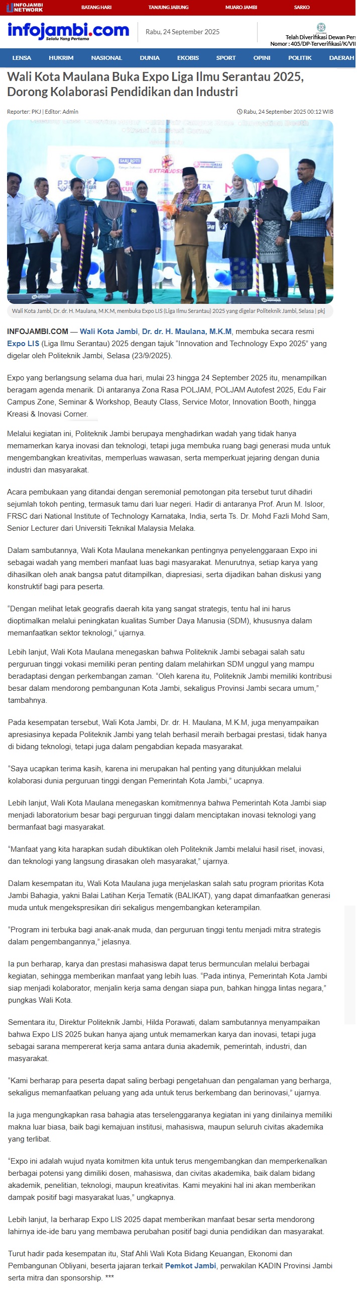 490 Wali Kota Maulana Buka Expo Liga Ilmu Serantau 2025, Dorong Kolaborasi Pendidikan dan Industri