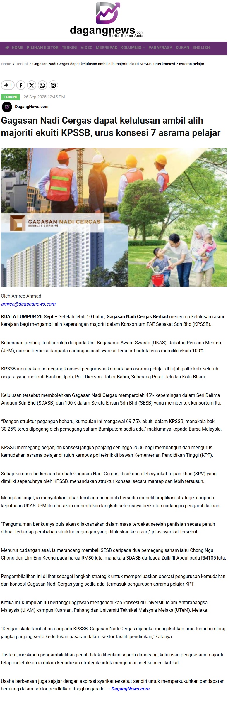 499 Gagasan Nadi Cergas dapat kelulusan ambil alih majoriti ekuiti KPSSB, urus konsesi 7 asrama pelajar _ DagangNews - Berita Bisnes Anda