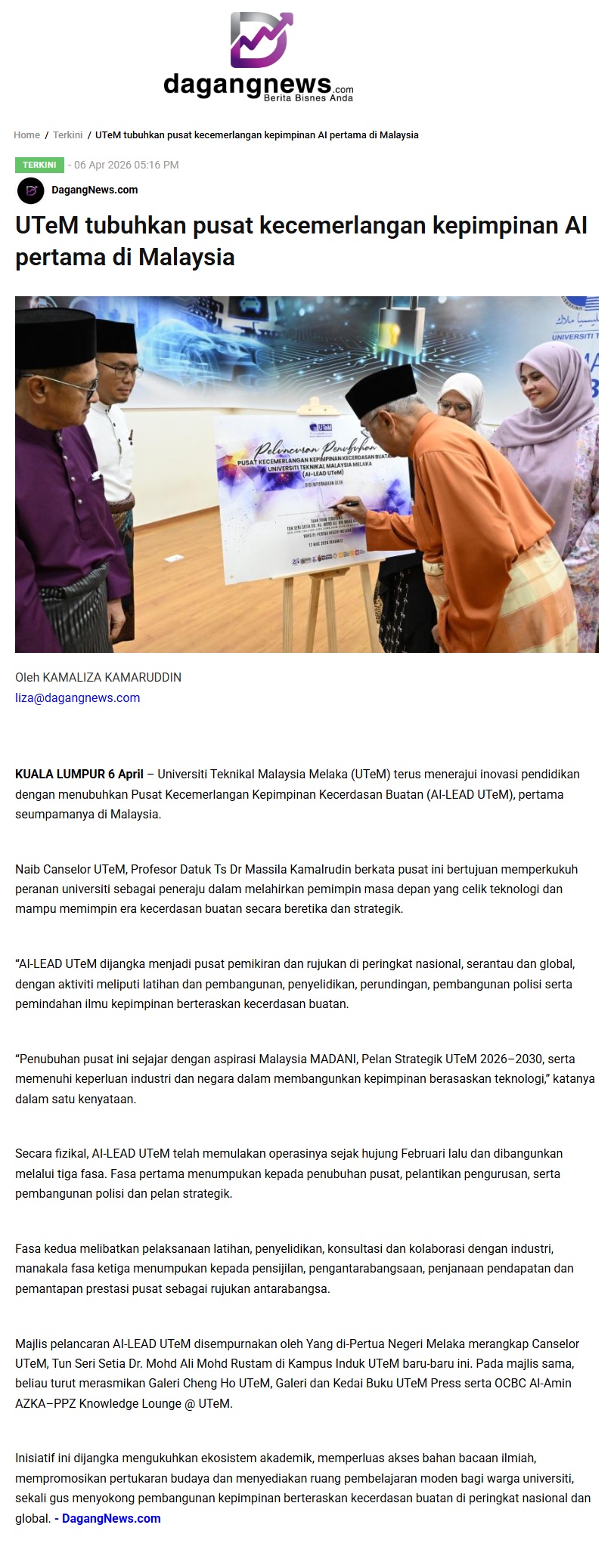 163 UTeM tubuhkan pusat kecemerlangan kepimpinan AI pertama di Malaysia _ DagangNews - Berita Bisnes Anda