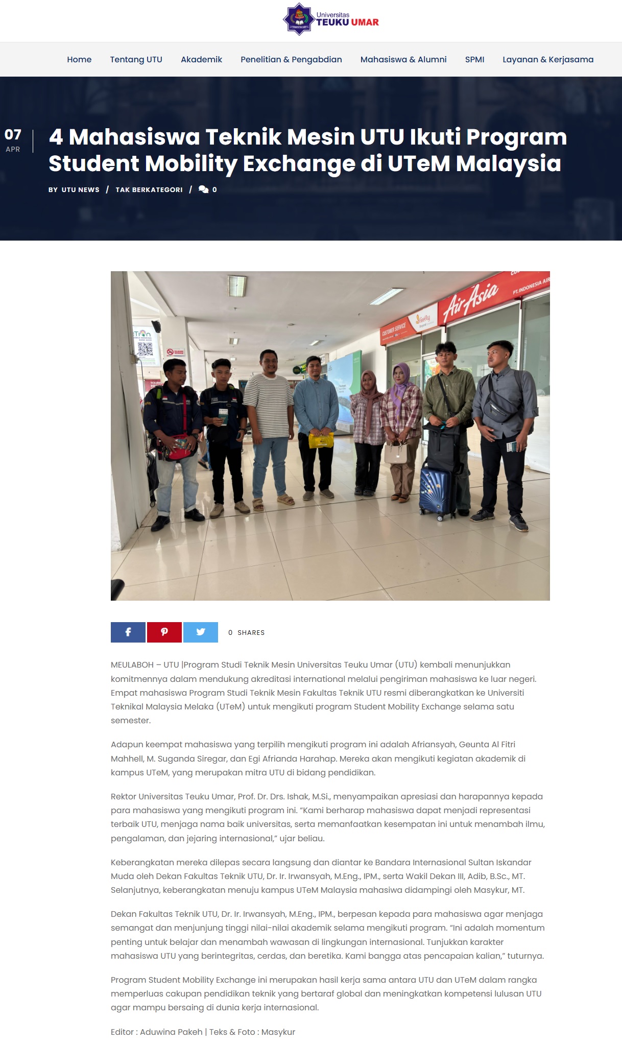 164 4 Mahasiswa Teknik Mesin UTU Ikuti Program Student Mobility Exchange di UTeM Malaysia - Universitas Teuku Umar