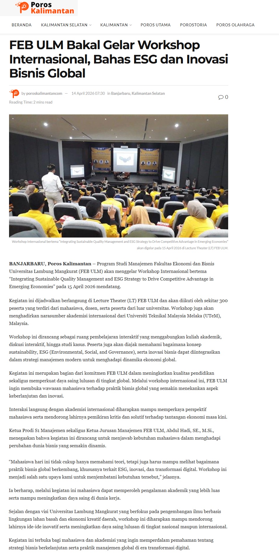 175 FEB ULM Bakal Gelar Workshop Internasional, Bahas ESG dan Inovasi Bisnis Global - Poros Kalimantan