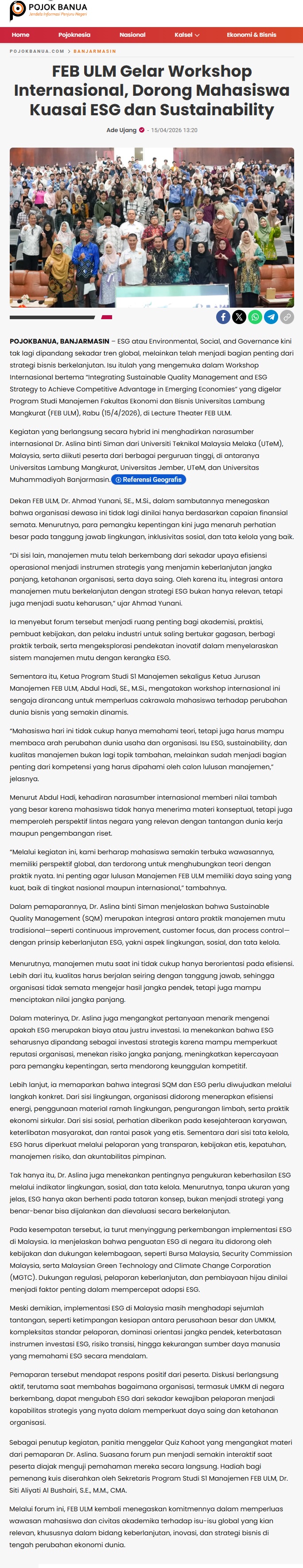 176 FEB ULM Gelar Workshop Internasional, Dorong Mahasiswa Kuasai ESG dan Sustainability - PojokBanuacom