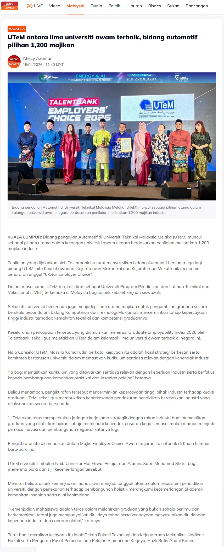 177 UTeM antara lima universiti awam terbaik, bidang automotif pilihan 1,200 majikan _ Awani