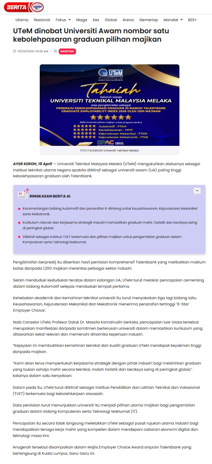 178 UTeM dinobat Universiti Awam nombor satu kebolehpasaran graduan pilihan majikan - Portal Berita RTM