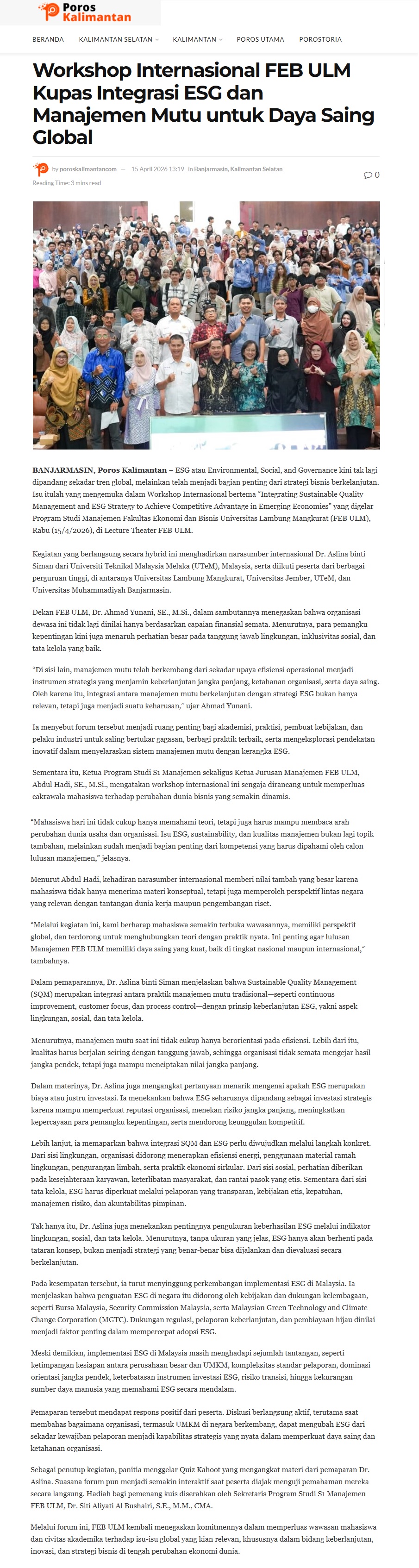 181 Workshop Internasional FEB ULM Kupas Integrasi ESG dan Manajemen Mutu untuk Daya Saing Global - Poros Kalimantan