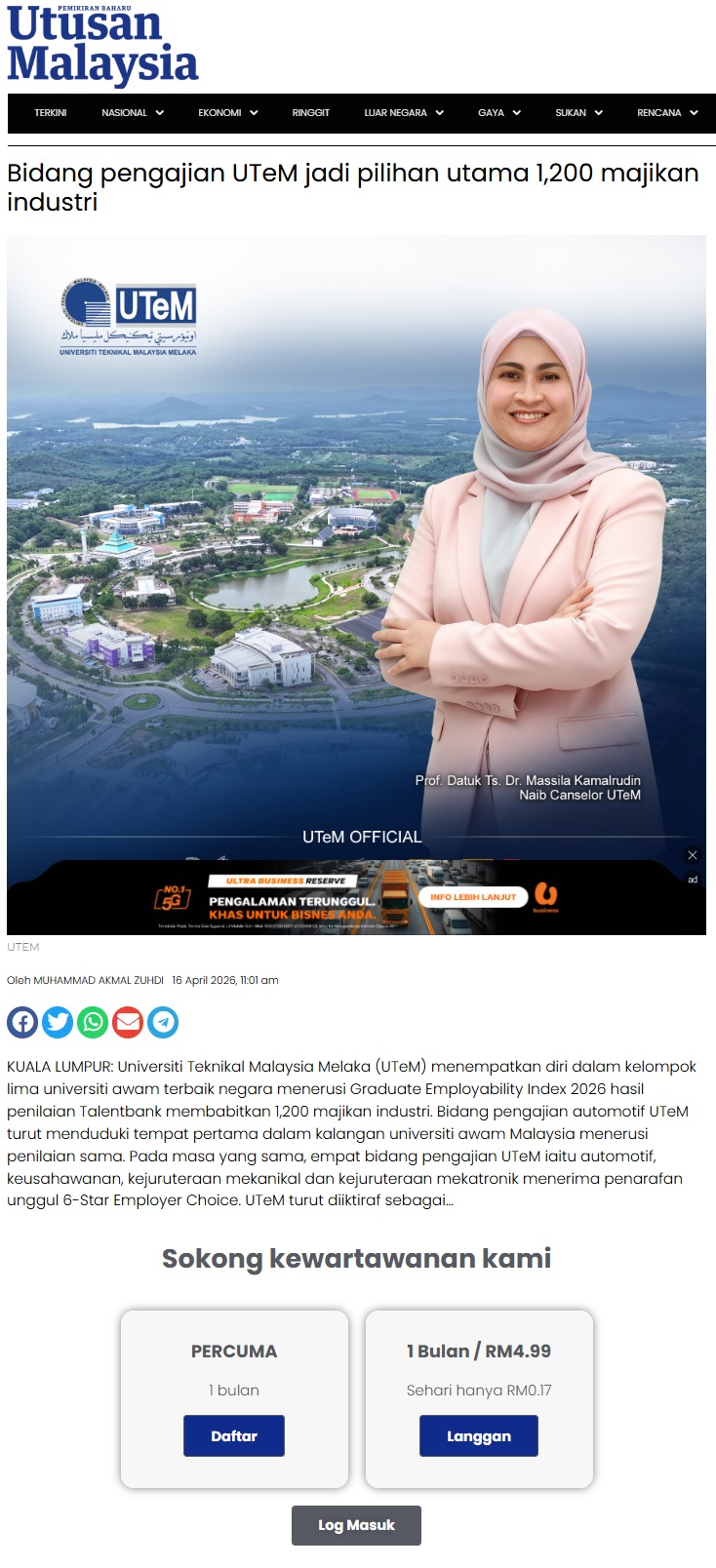 182 Bidang pengajian UTeM jadi pilihan utama 1,200 majikan industri