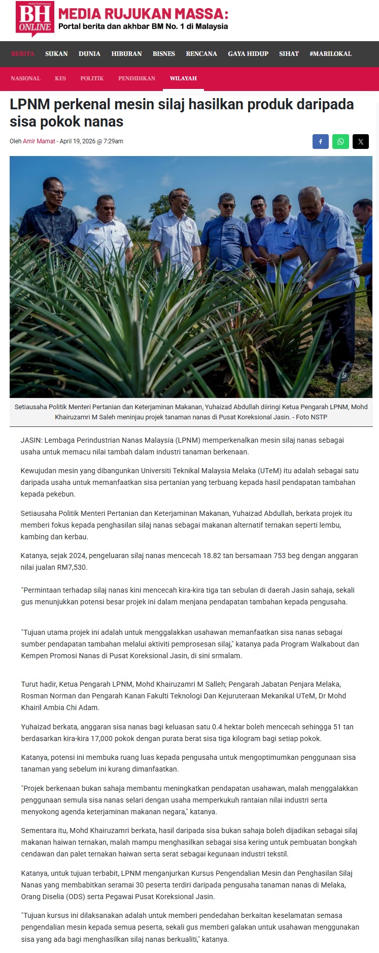 186 LPNM perkenal mesin silaj hasilkan produk daripada sisa pokok nanas