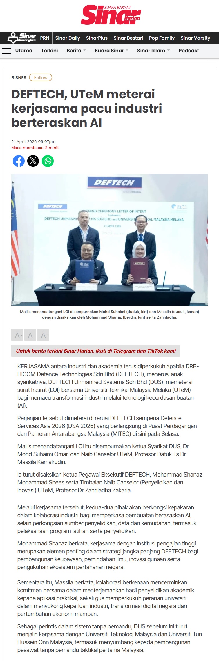 190 DEFTECH, UTeM meterai kerjasama pacu industri berteraskan AI - Sinar Harian