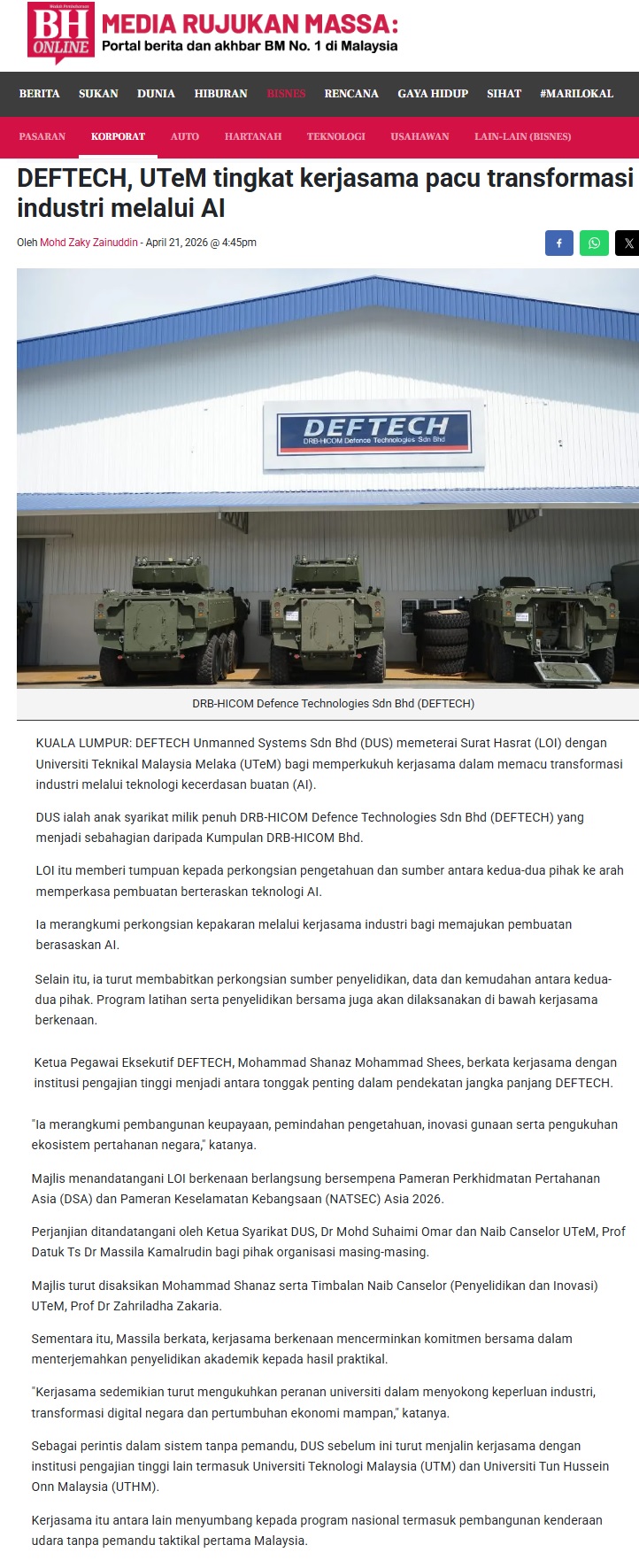 191 DEFTECH, UTeM tingkat kerjasama pacu transformasi industri melalui AI