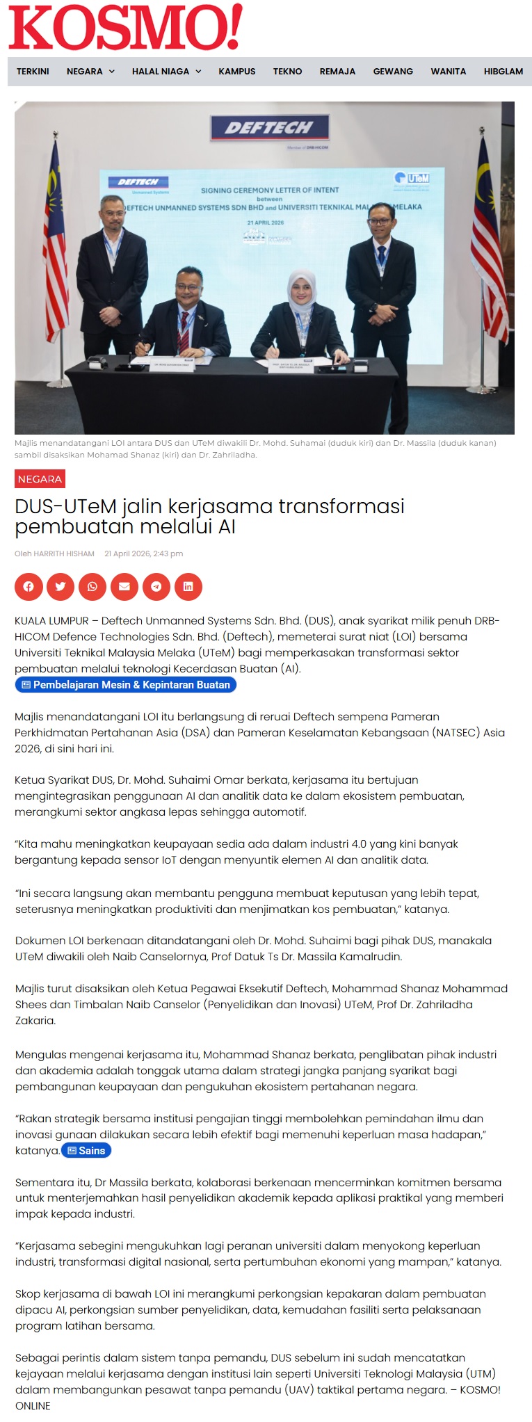 193 DUS-UTeM jalin kerjasama transformasi pembuatan melalui AI - Kosmo Digital