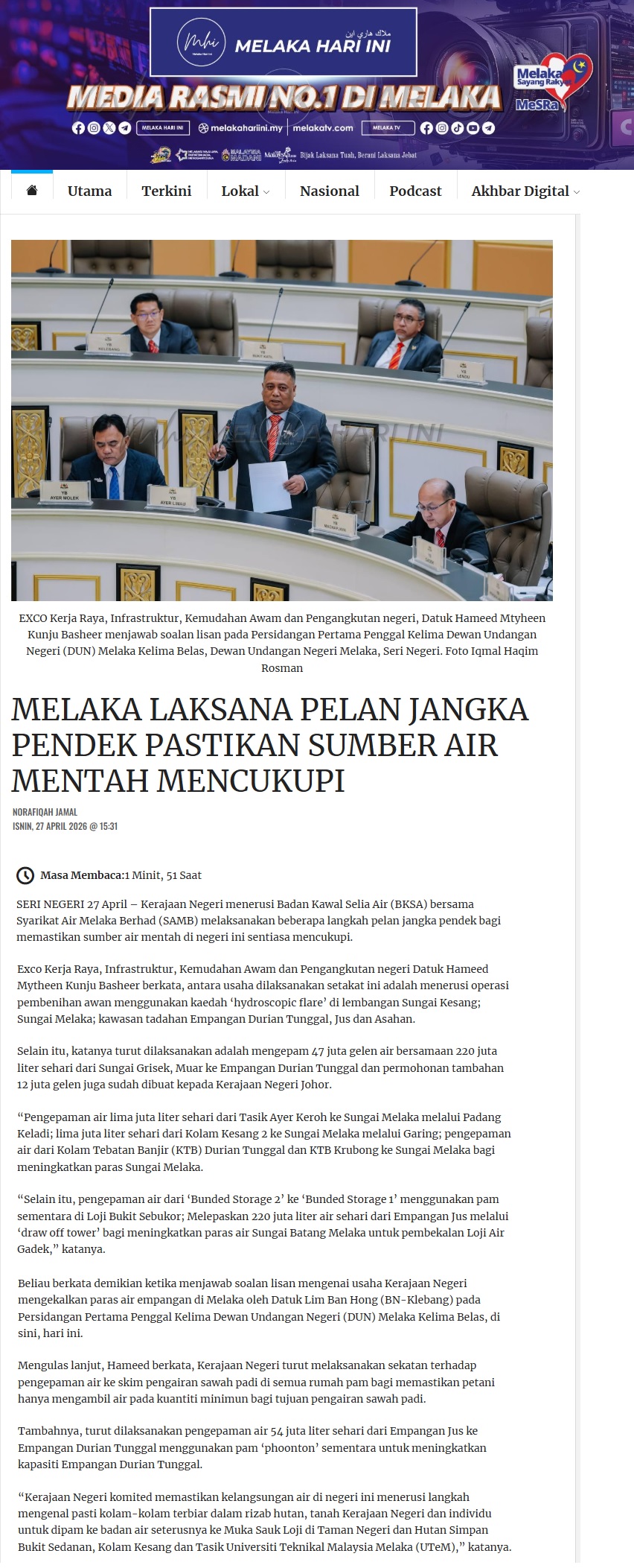 199 MELAKA LAKSANA PELAN JANGKA PENDEK PASTIKAN SUMBER AIR MENTAH MENCUKUPI